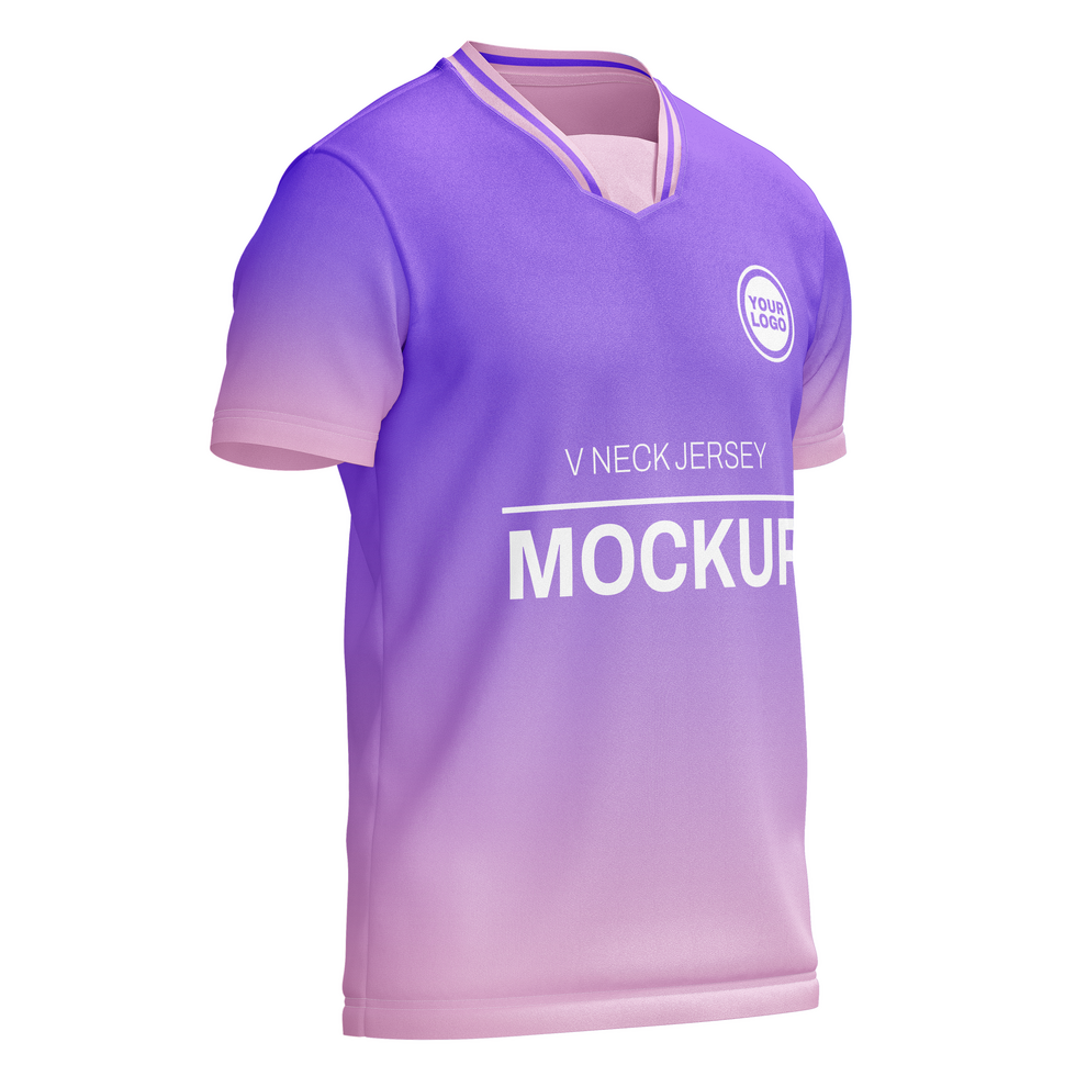 Mens v neck with sharp collar layer short sleeve tshirt jersey mockup front halfside view psd