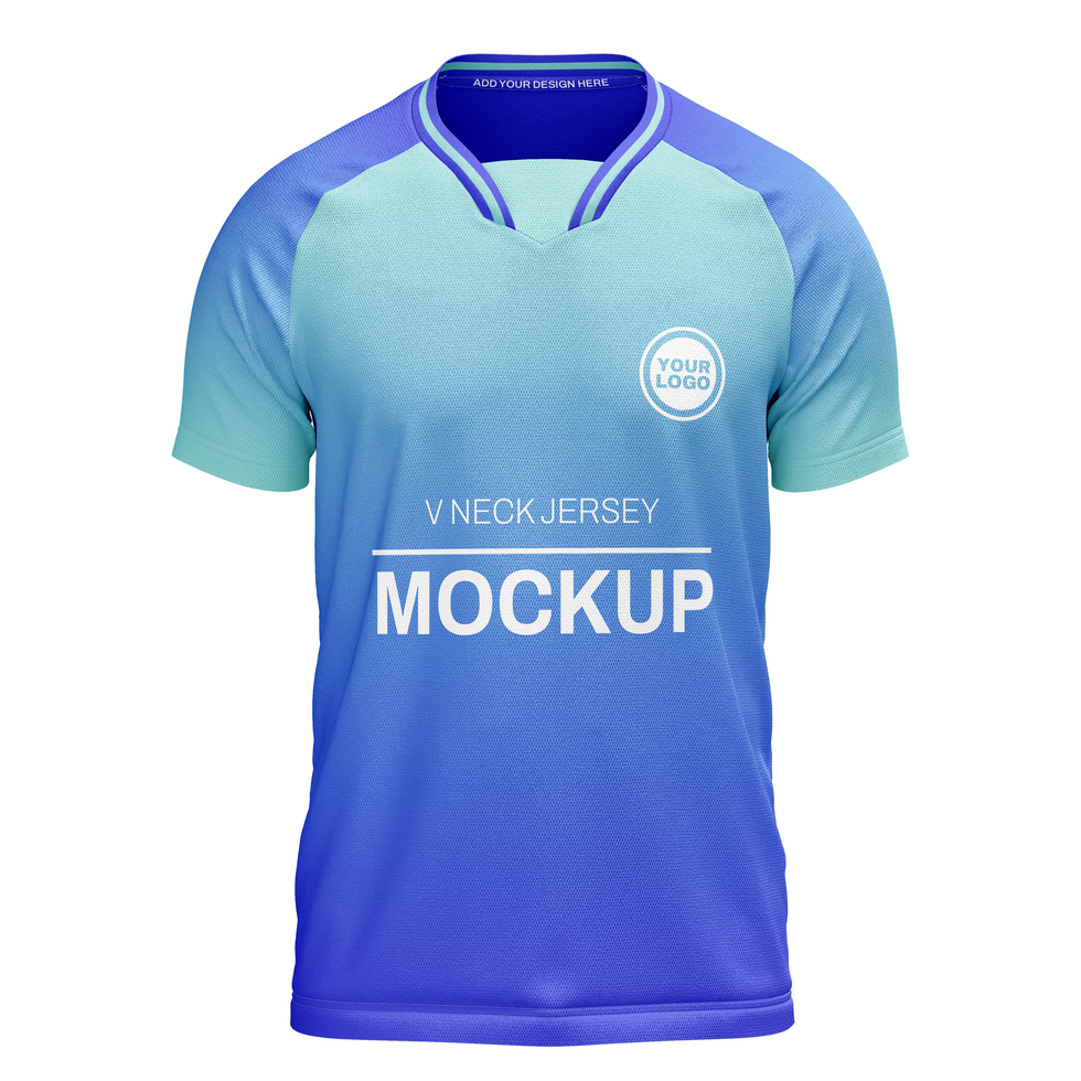 Mens v neck with sharp collar layer raglan short sleeve tshirt jersey mockup front view psd