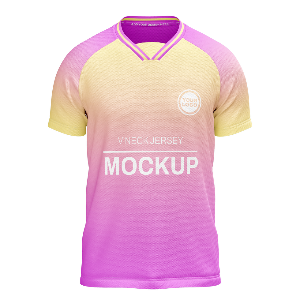 Mens v neck with flat collar layer raglan short sleeve tshirt jersey mockup front view psd