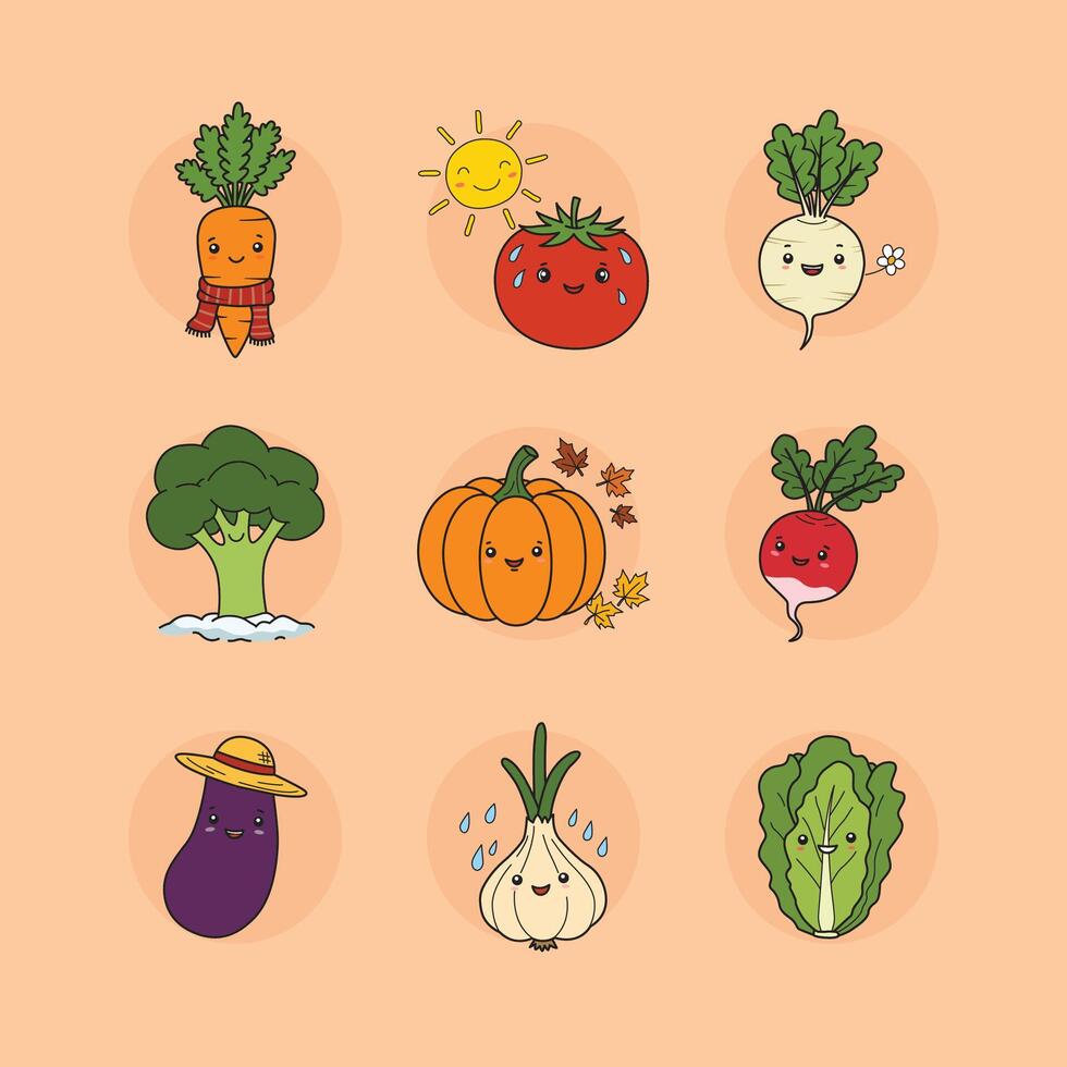 Nine Cute Seasonal Cartoon Vegetables vector
