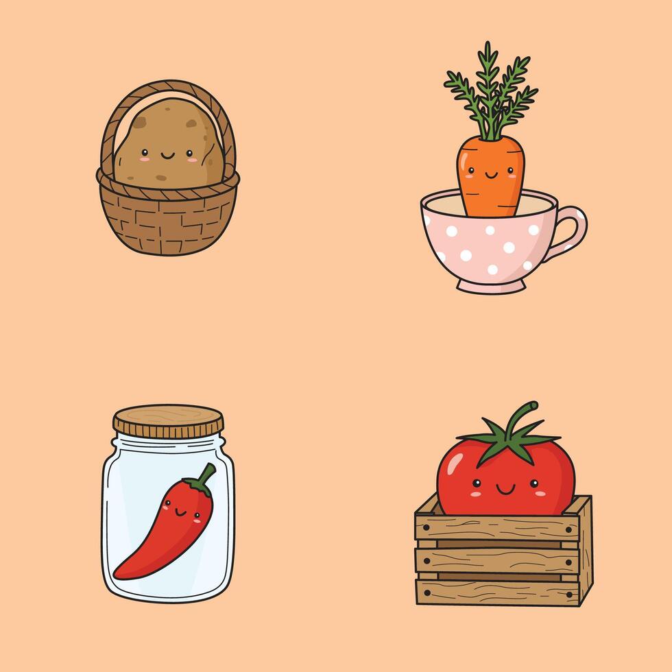 Four Cute Cartoon Vegetables in Fun Containers vector
