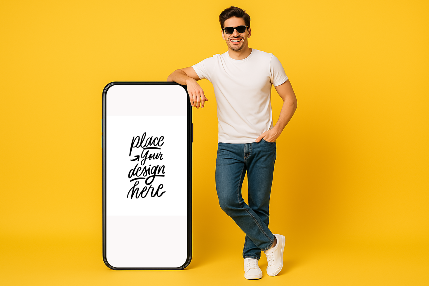 man standing next to a smartphone mockup on yellow background psd