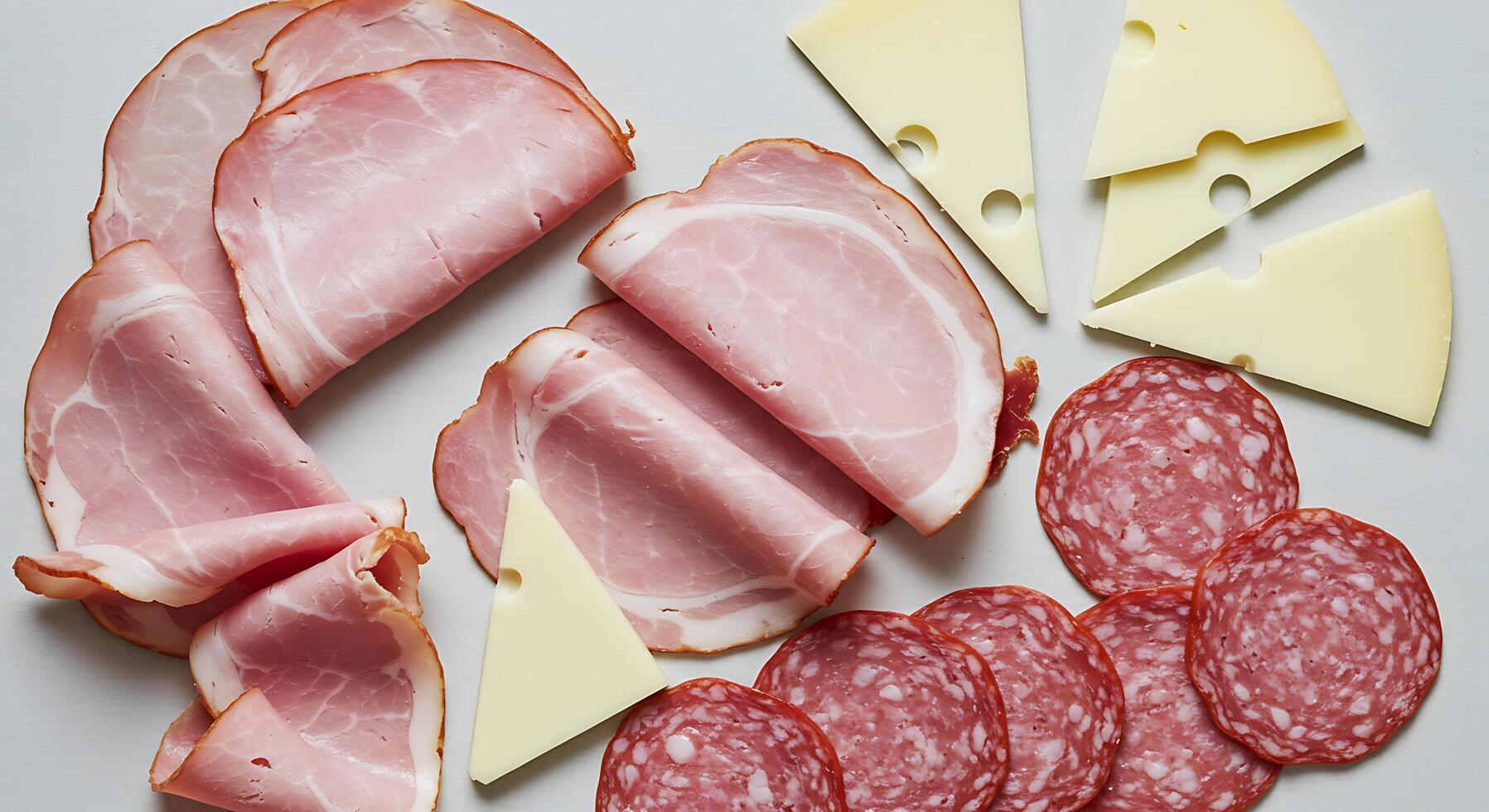 Sliced ham, cheese and sliced meat on a white surface photo
