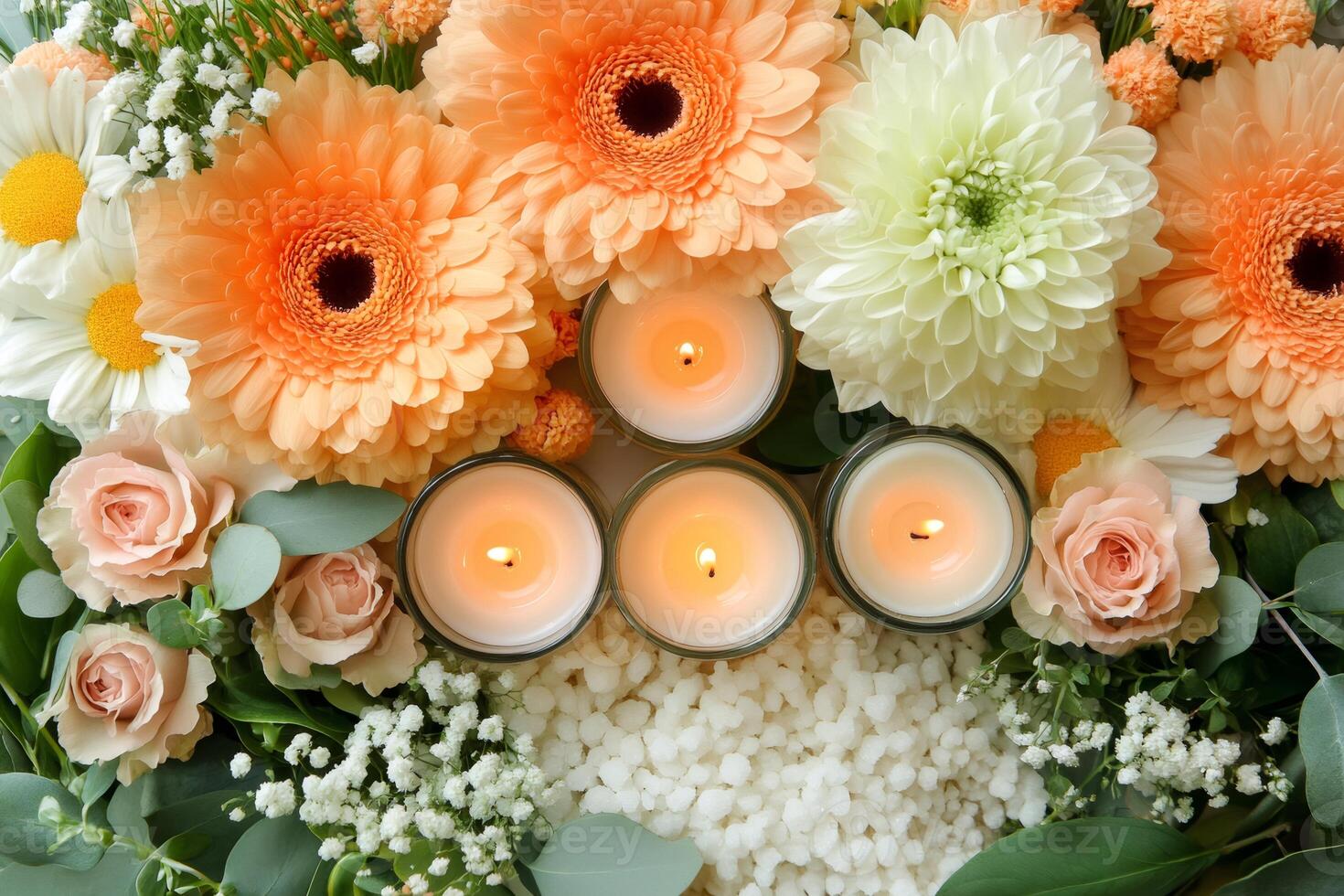Burning candles illuminating a floral arrangement creating a relaxing atmosphere photo