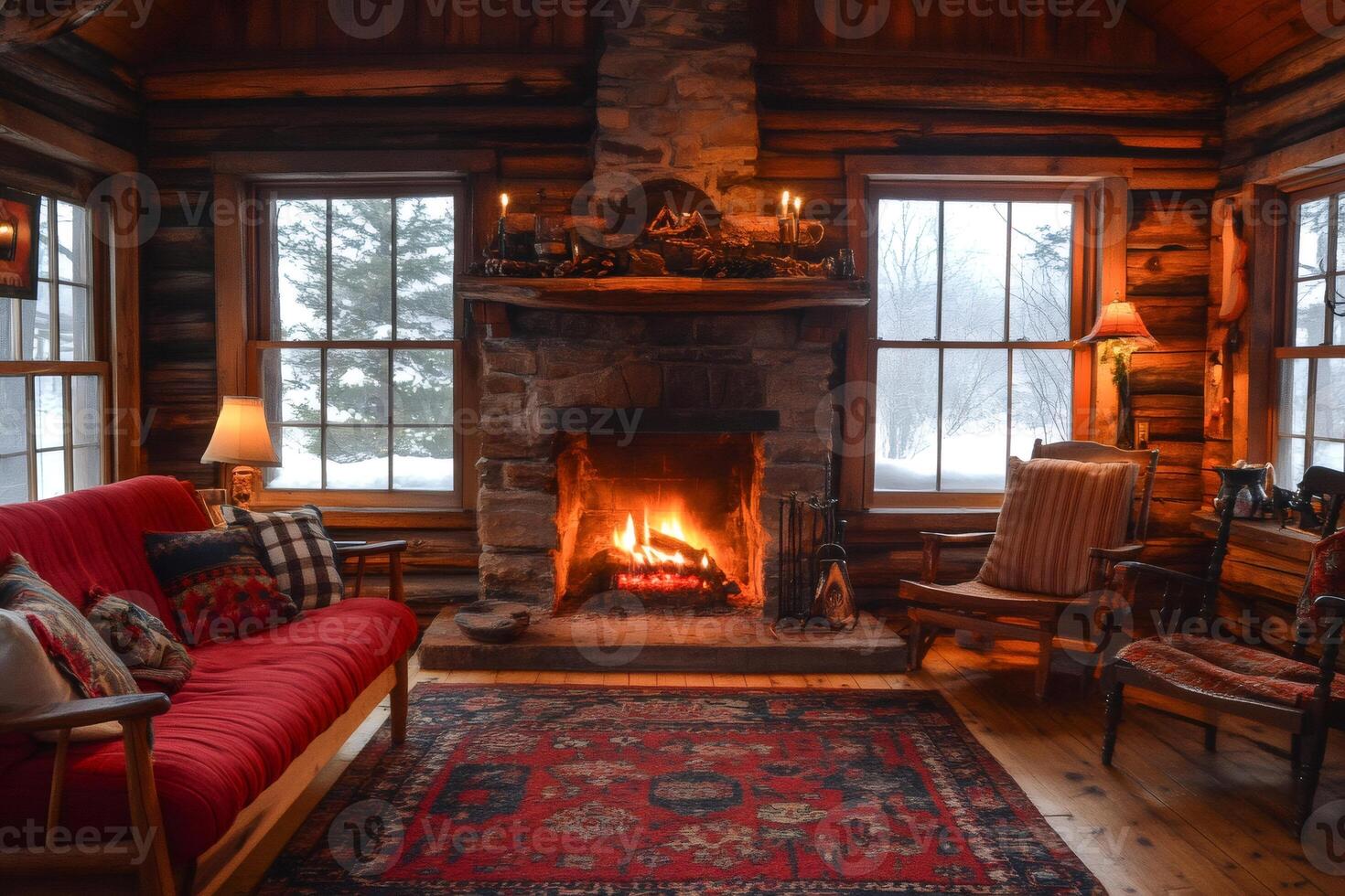 Burning fireplace warming cozy rustic log cabin living room in winter photo