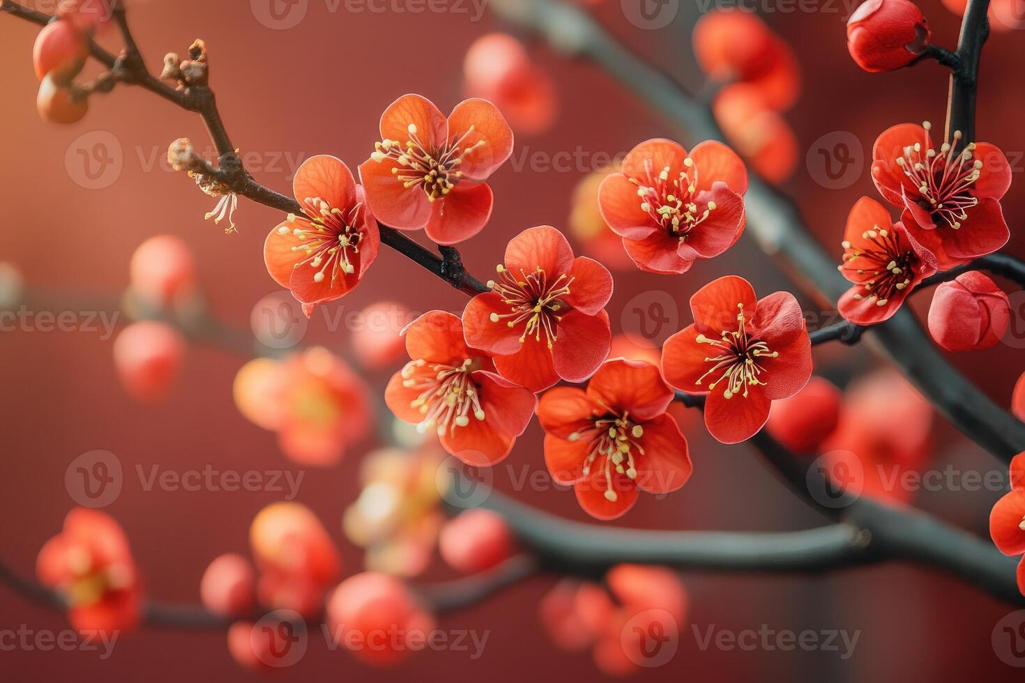Blooming red plum blossoms create stunning spring display photo