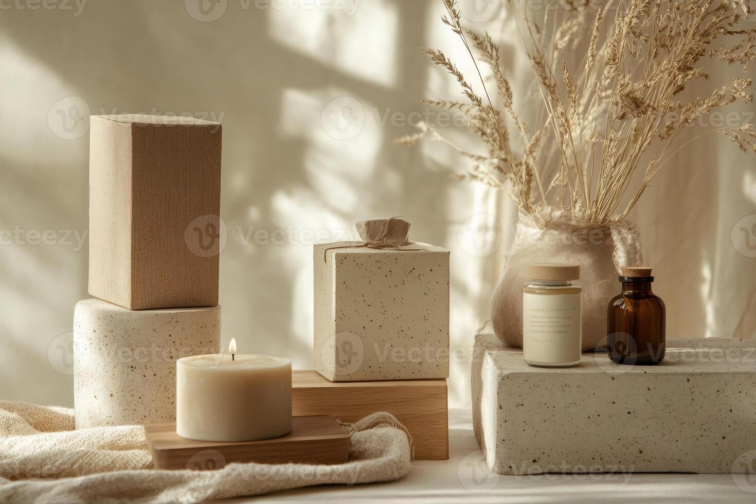 Burning candle, packaging boxes, and dried flowers creating a serene atmosphere photo