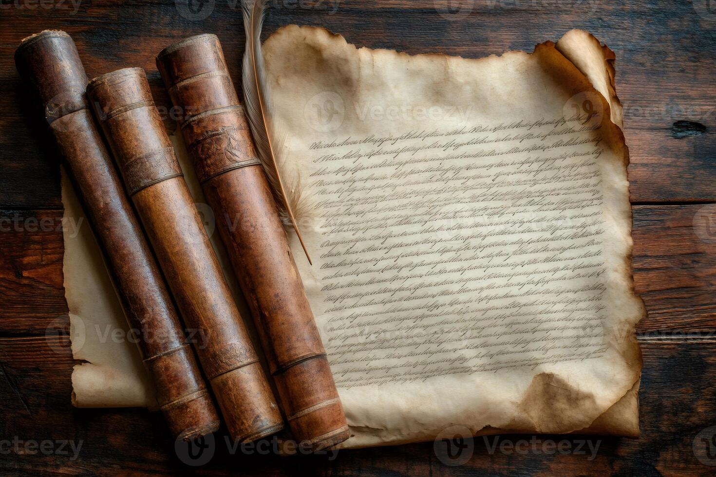 Quill pen lying on ancient manuscript with wooden scroll tubes on table photo