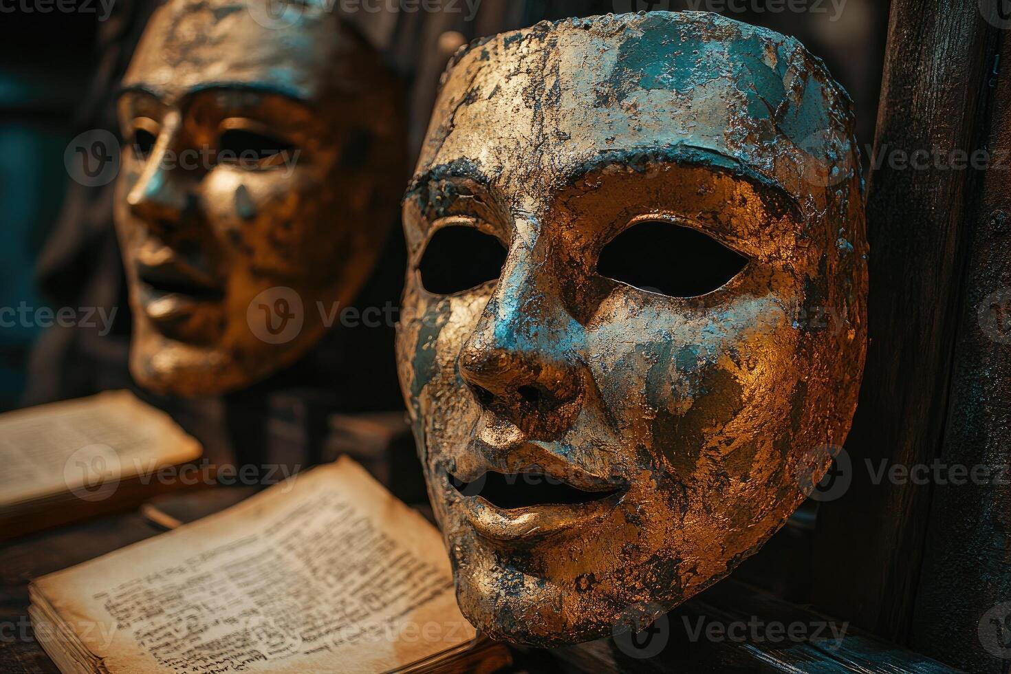 Golden masks and old books create an atmosphere of mystery and history photo