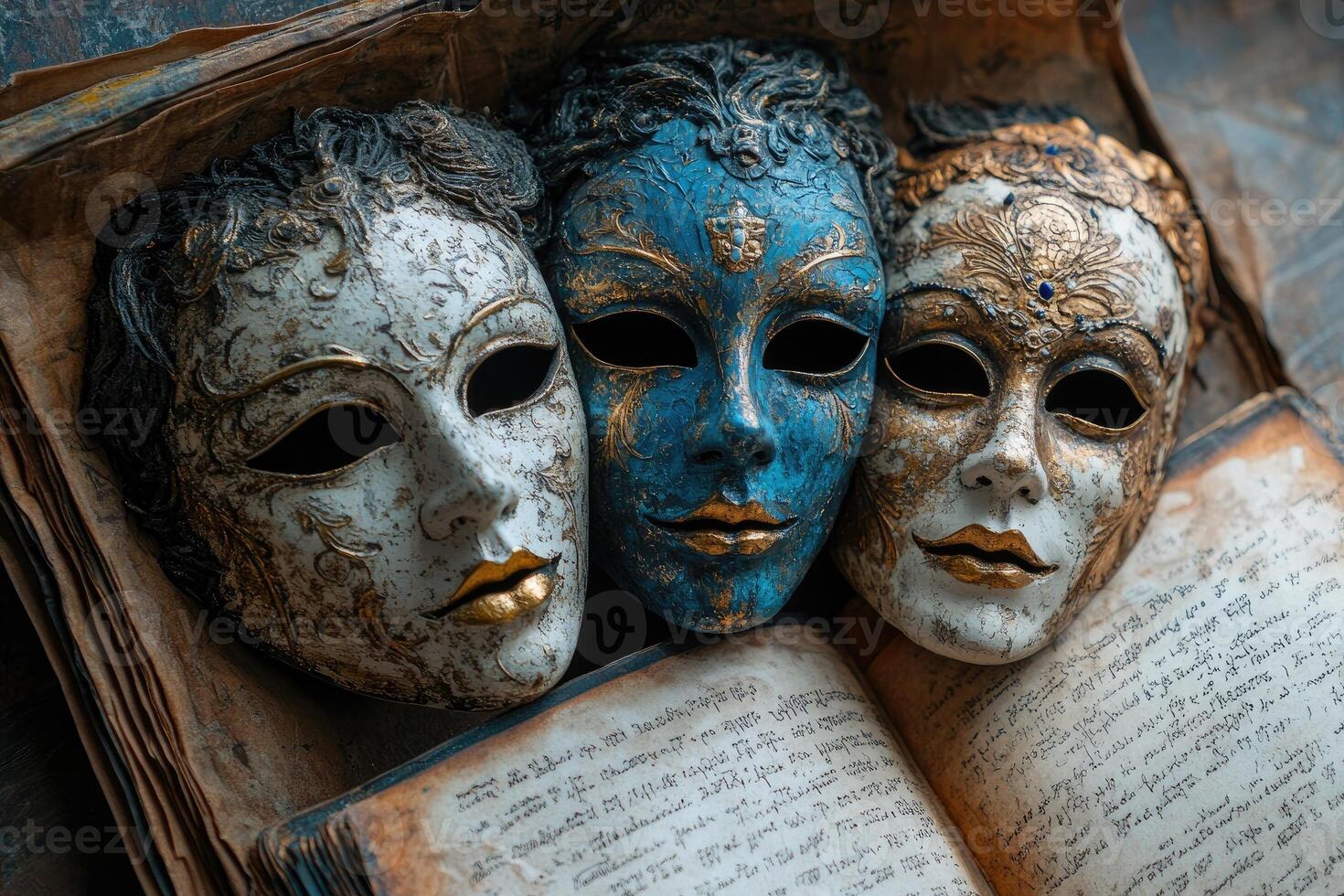 Venetian carnival masks resting on ancient book evoking mystery and intrigue photo