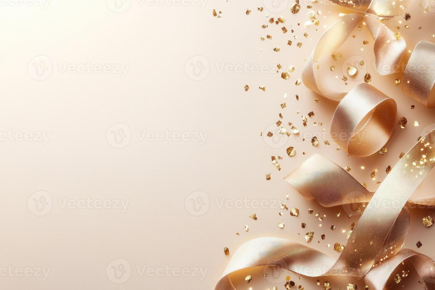Golden ribbon and confetti creating festive atmosphere on beige background photo