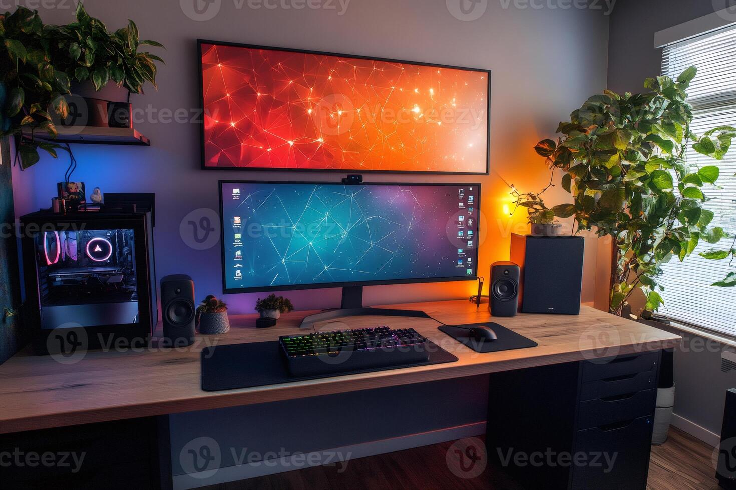 Modern gaming setup illuminating room with colorful rgb lights photo