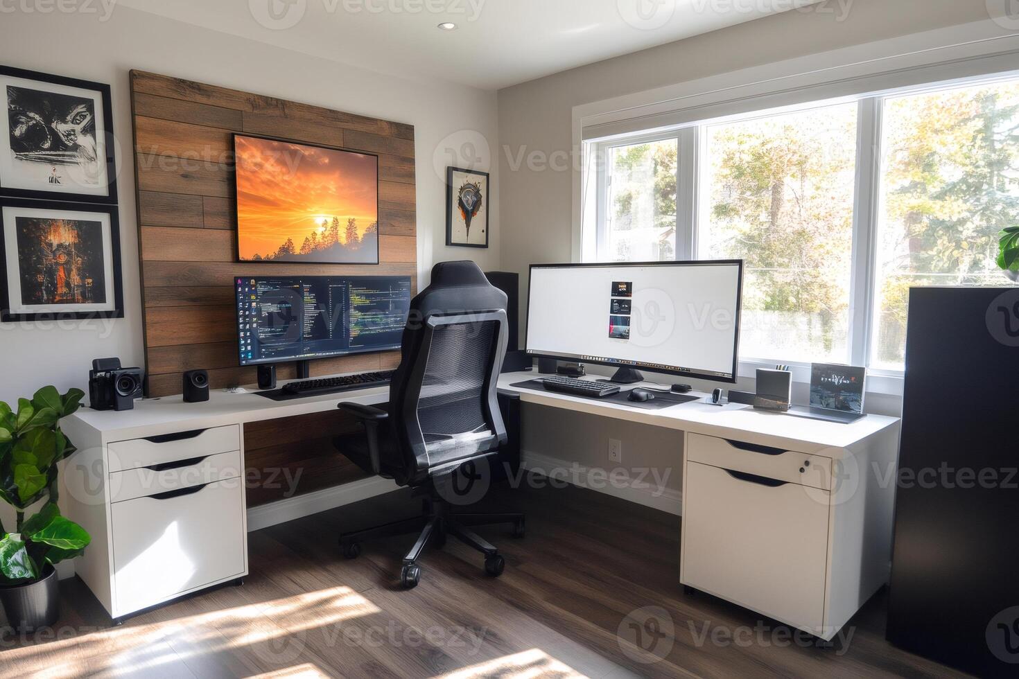 Modern home office setup featuring multiple monitors and ergonomic chair photo