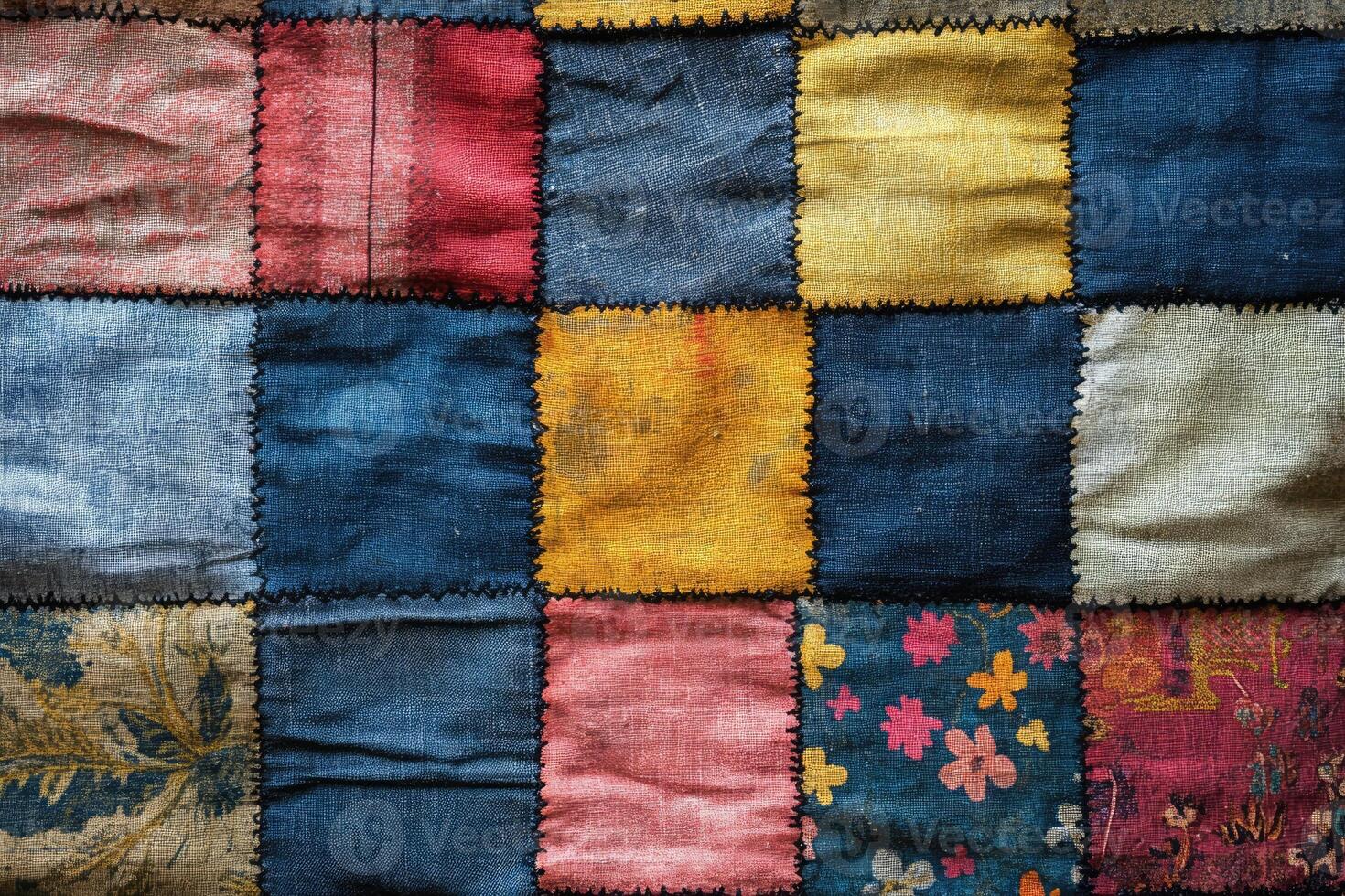 Colorful patchwork quilt forming a textured background with visible stitches. . photo