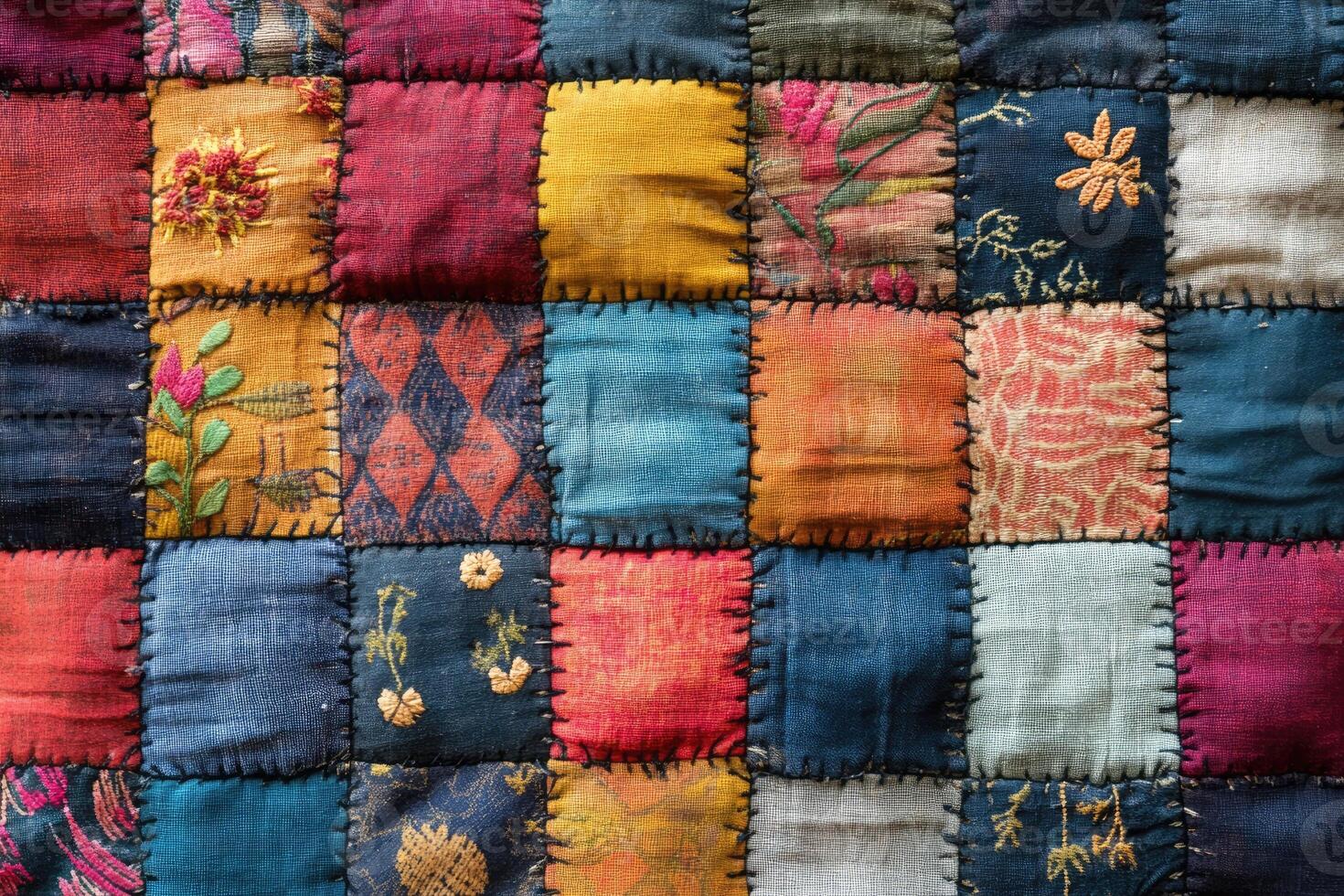 Colorful patchwork quilt forming a textured background with visible stitches... photo