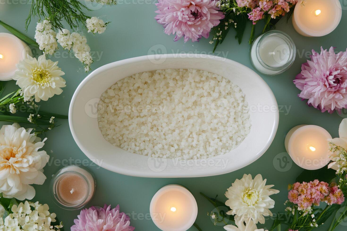 Relaxing epsom salt bath with candles and flowers creating a tranquil spa ambiance photo