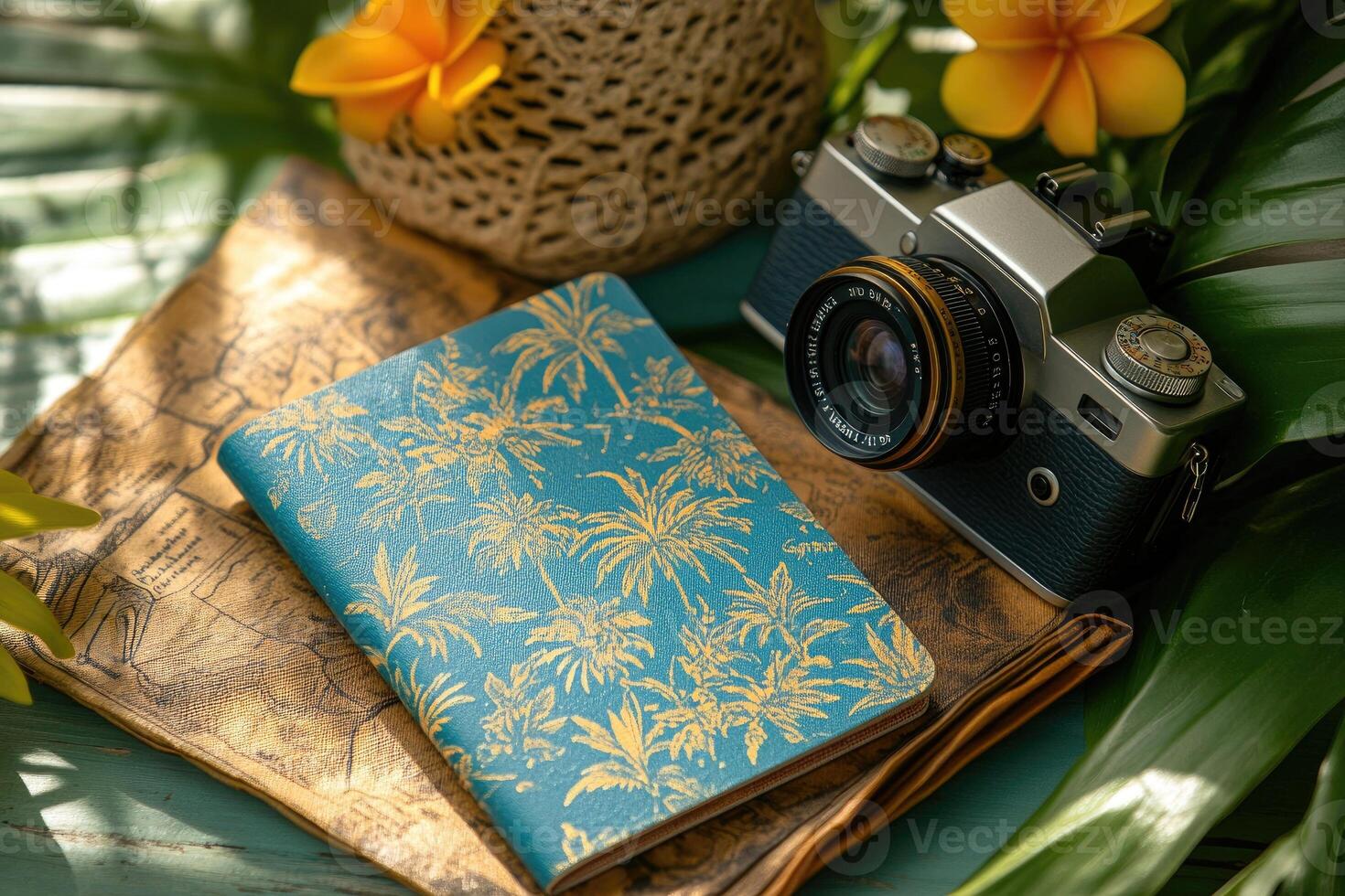 Tropical travel journal, map, and camera evoking wanderlust photo