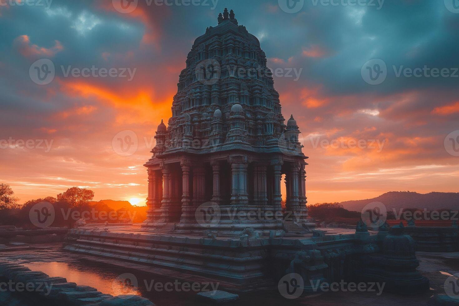Muvarkovil temple glowing during a colorful sunset in pudukkottai, tamil nadu, india photo