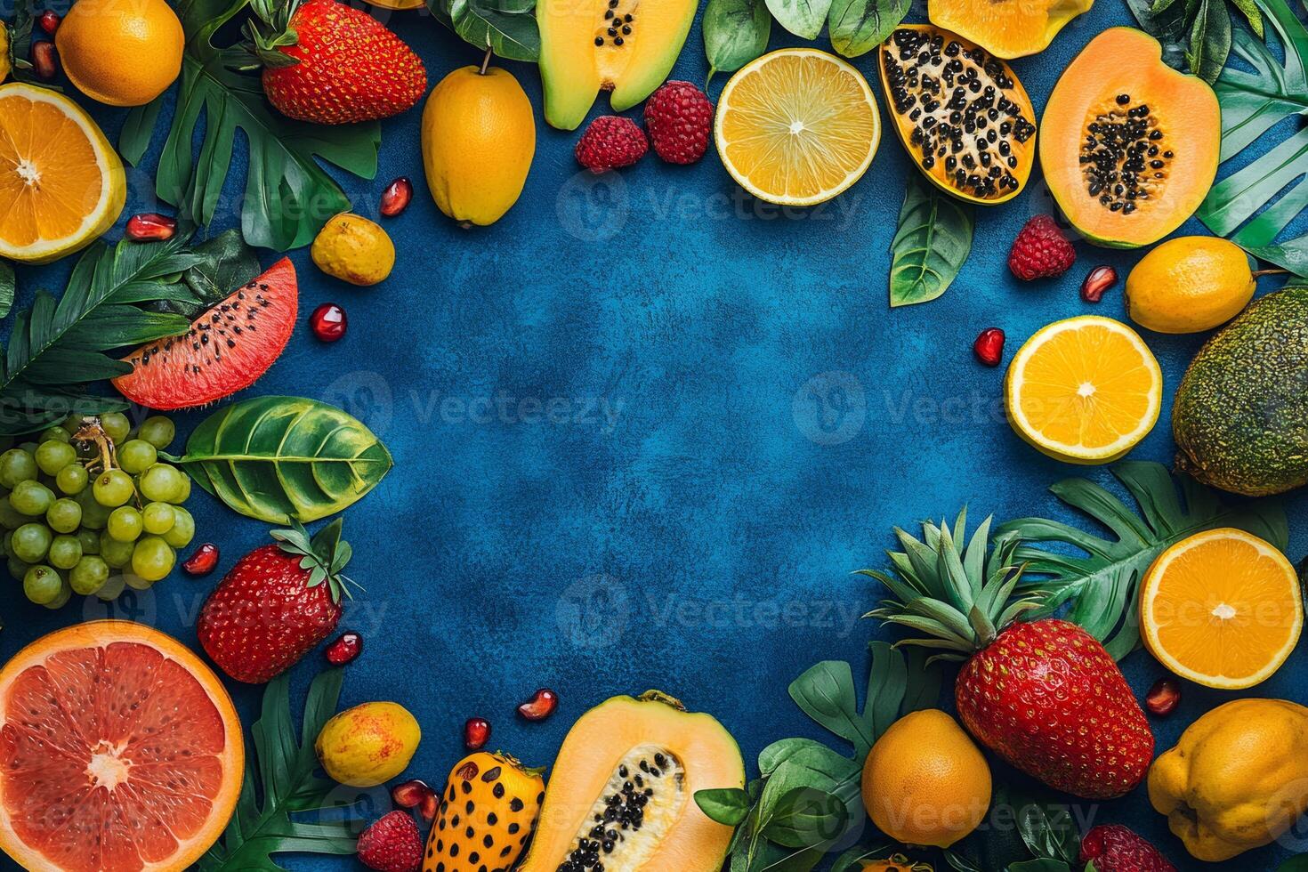 Fresh tropical fruits and leaves creating a vibrant frame on blue background photo