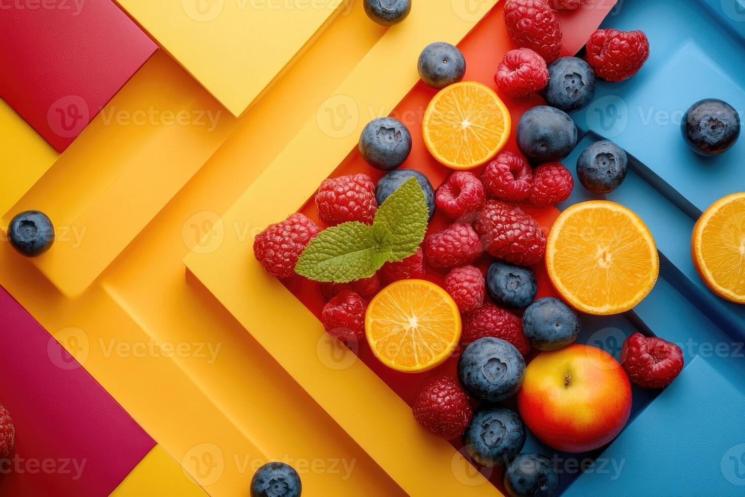 Fresh fruit on colorful background creating a vibrant and healthy composition photo