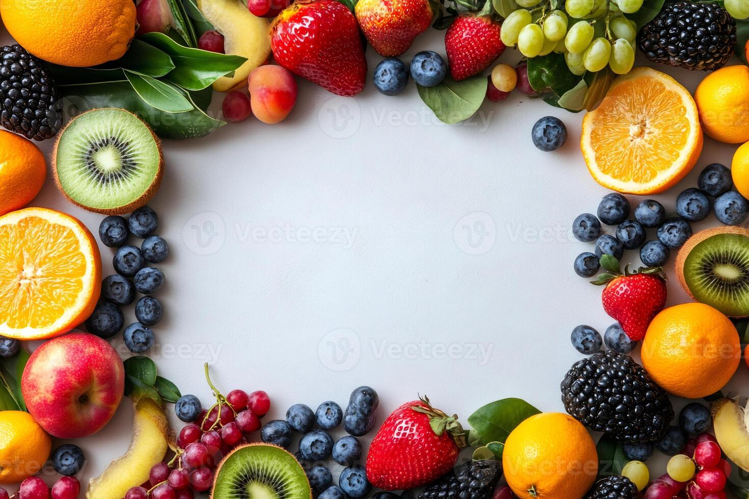 Fresh fruits frame creating vibrant and healthy border on white background photo