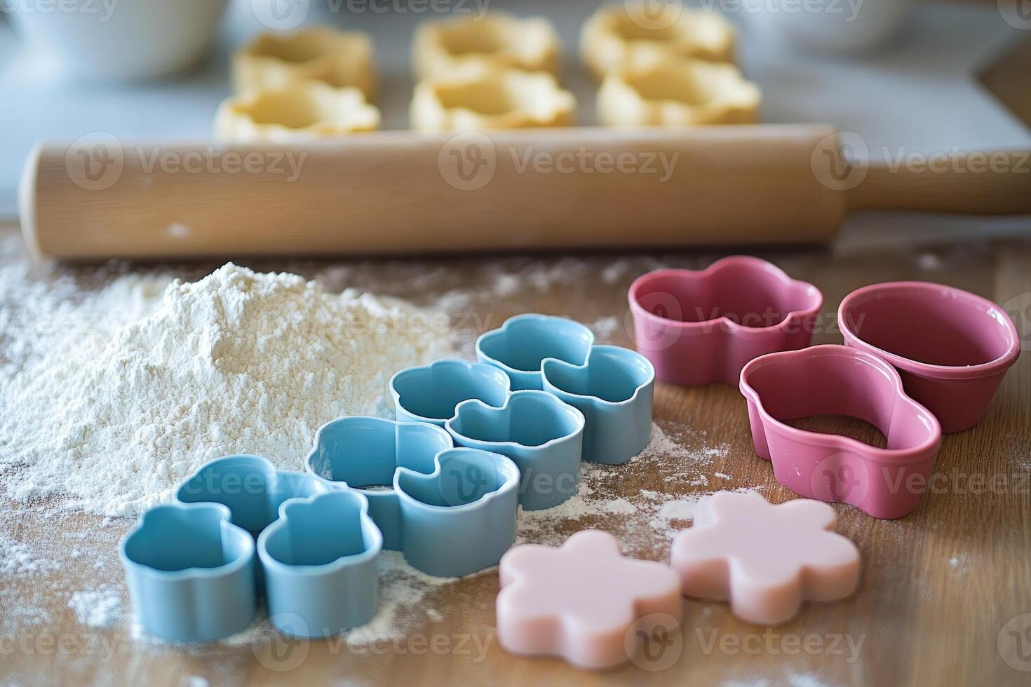 Colorful cookie cutters and rolling pin resting on wooden table with flour photo