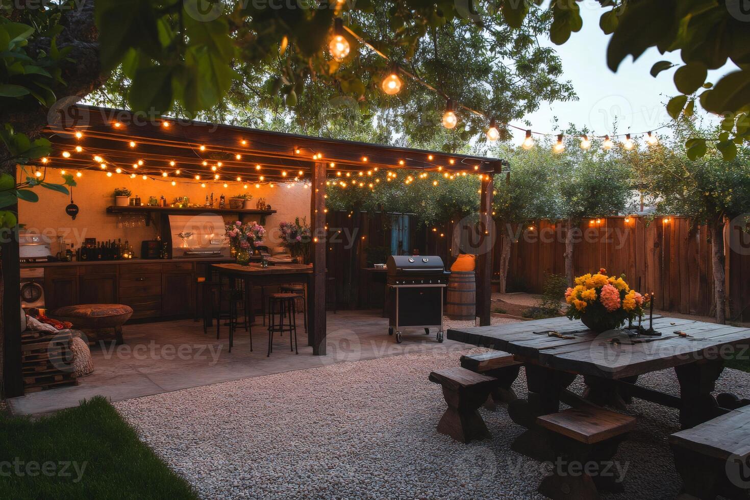 Cozy backyard patio with string lights illuminating outdoor kitchen and dining area photo