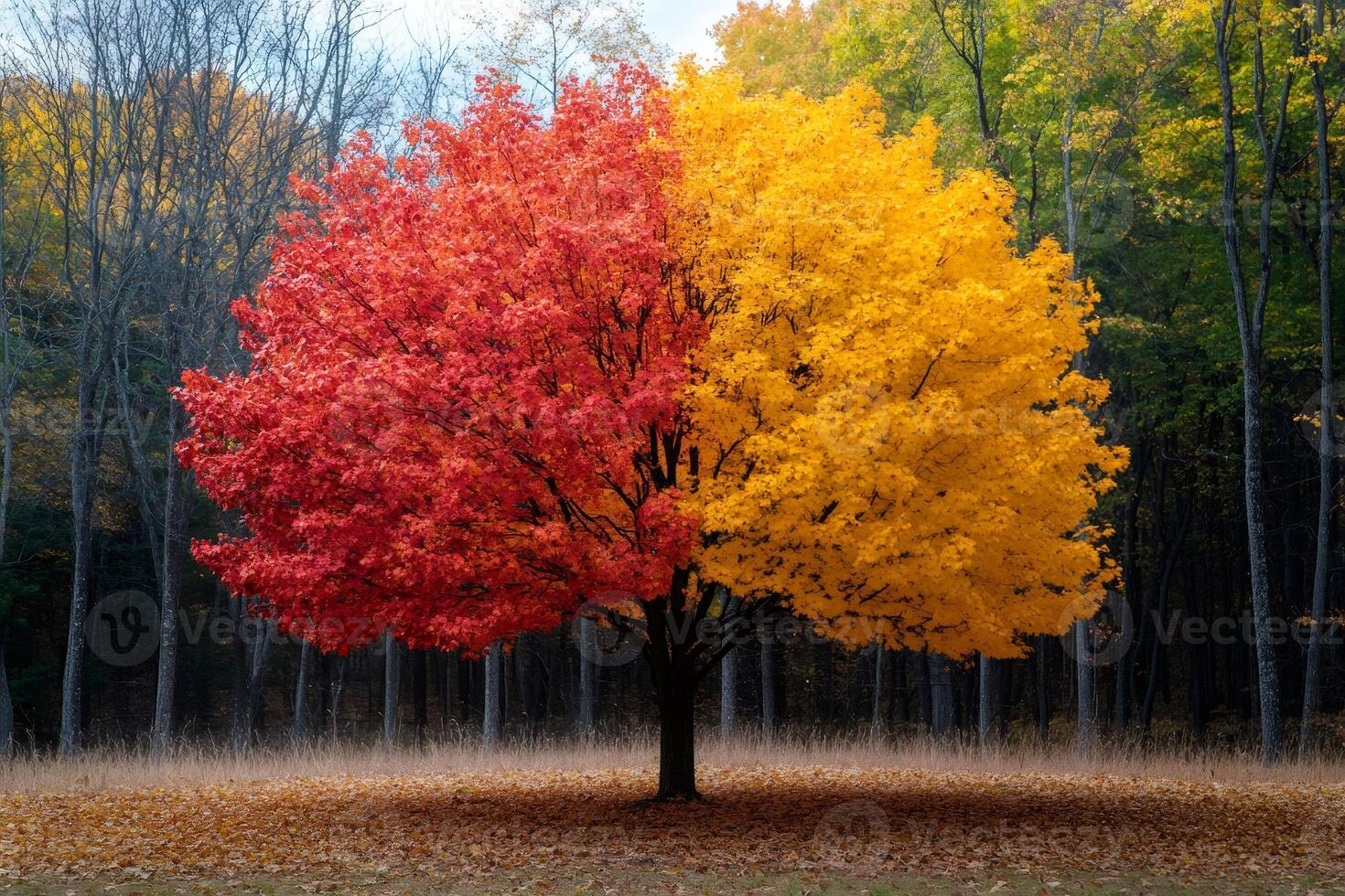 Maple tree showing stunning red and yellow fall foliage in a forest clearing photo