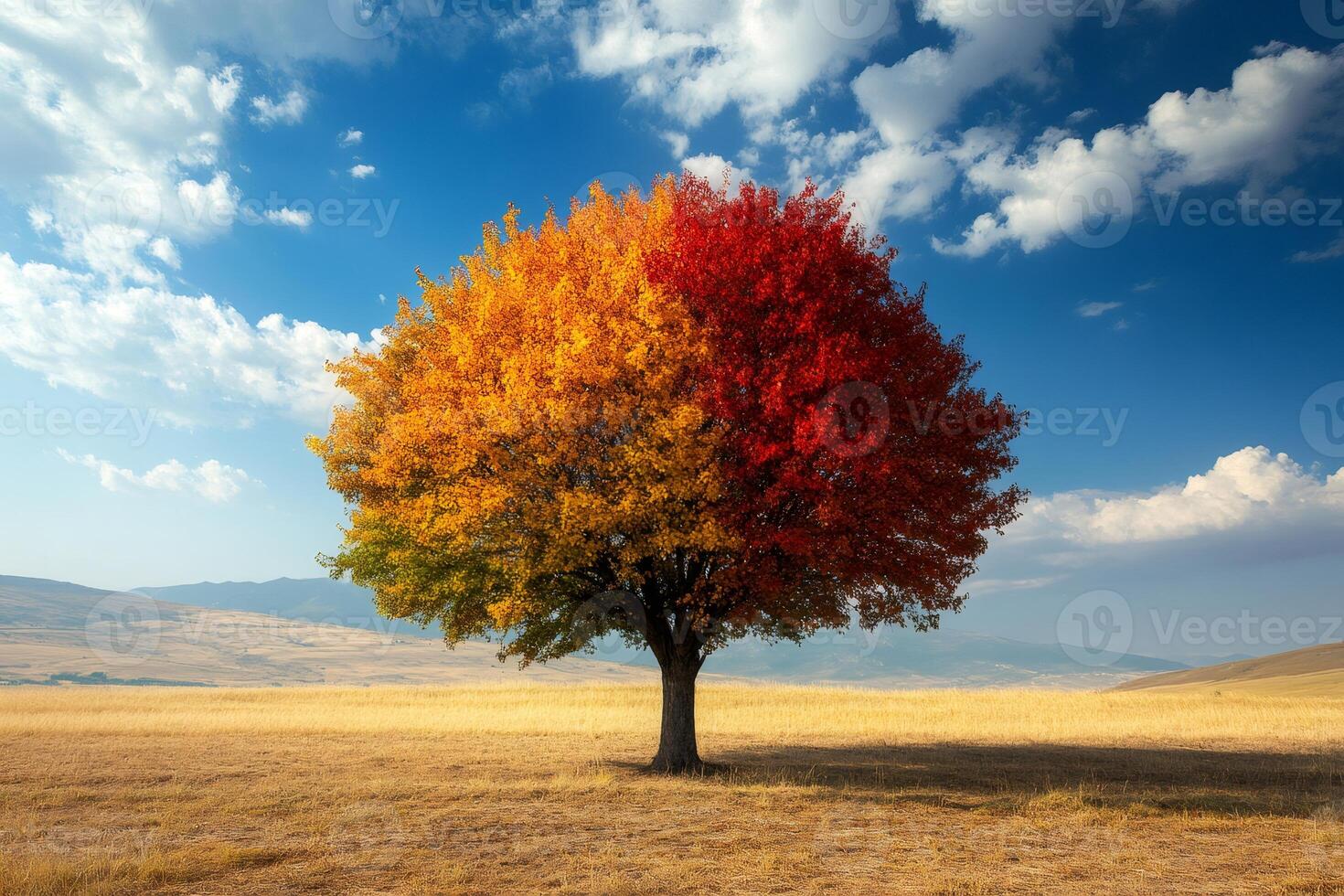 Lonely tree showing autumn colors in a dry field under blue sky photo