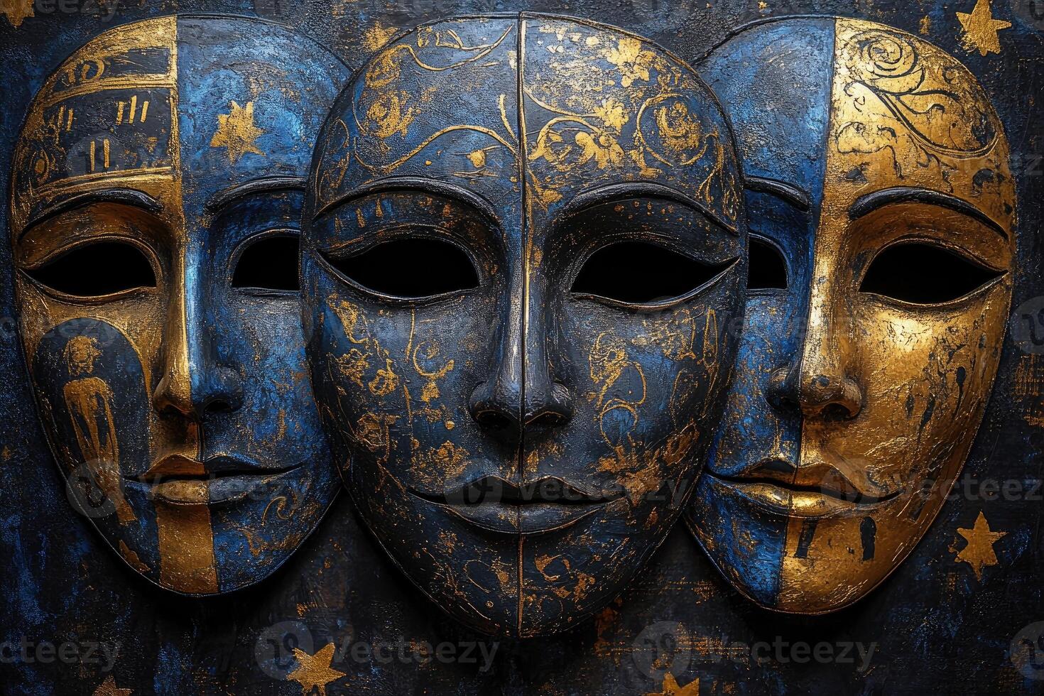 Three ancient masks showing different expressions and emotions photo