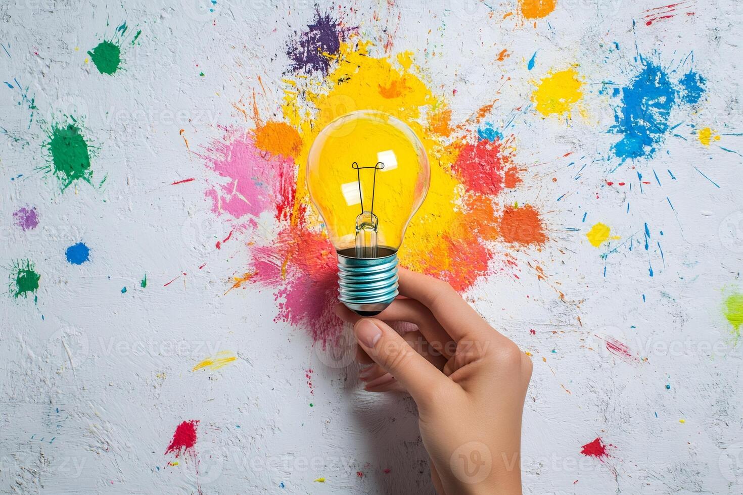 Woman holding light bulb in front of colorful painted wall representing creativity photo