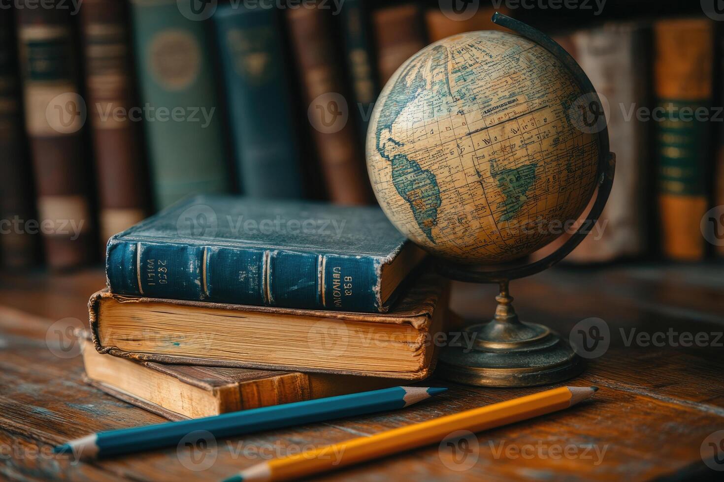 Vintage globe and old books resting on wooden table in library photo