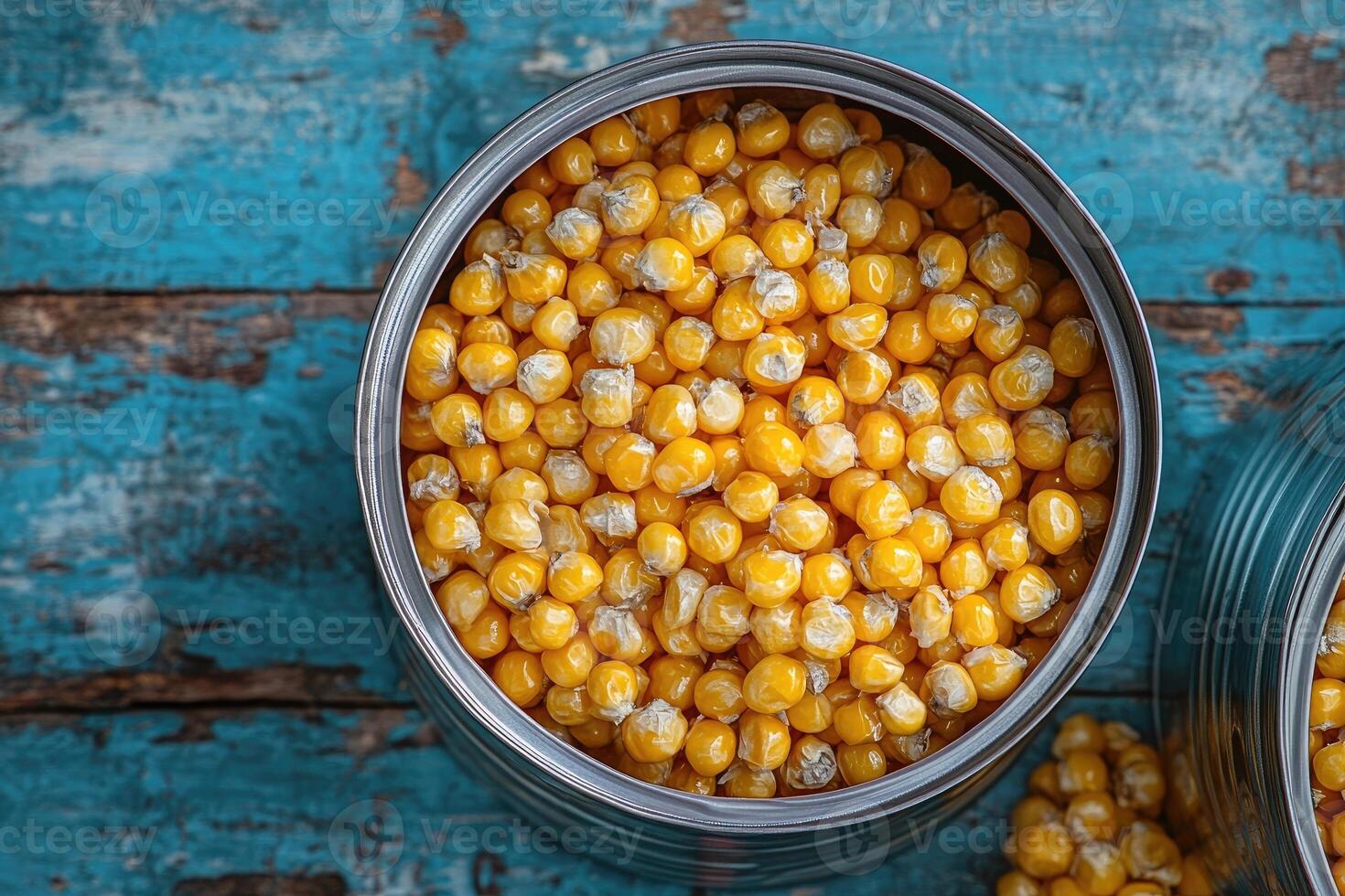 Tin can containing dried corn kernels on rustic blue table photo