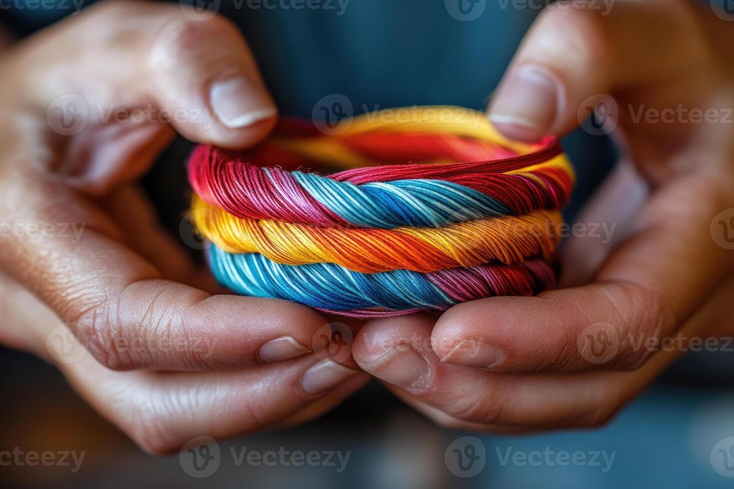 Hands holding colorful embroidery floss in rainbow colors photo