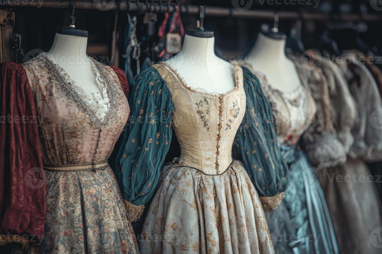 Elegant vintage dresses hanging on mannequins in a fashion store, showcasing timeless style photo