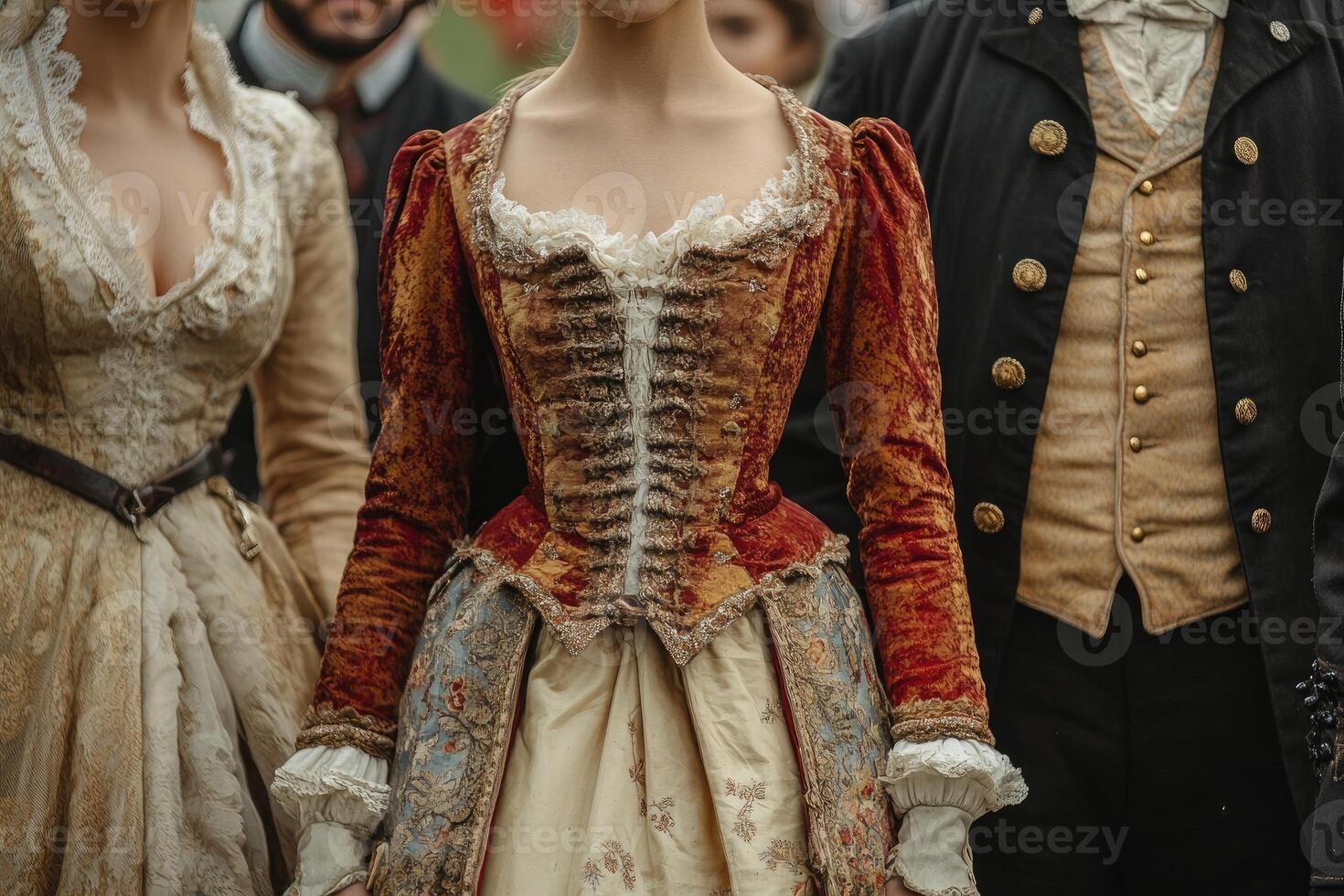 Elegant people wearing historical costumes during renaissance fair photo