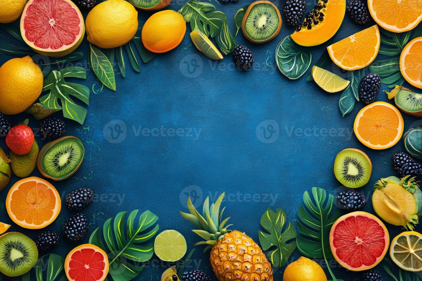Exotic fruits and tropical leaves creating a vibrant frame on blue background photo