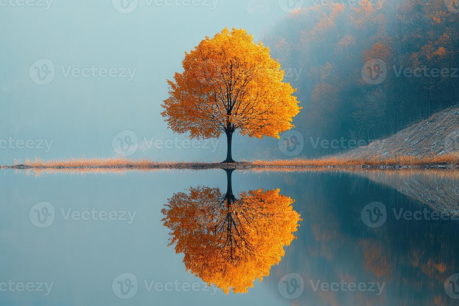 Lone golden autumn tree reflecting in calm lake at dawn photo