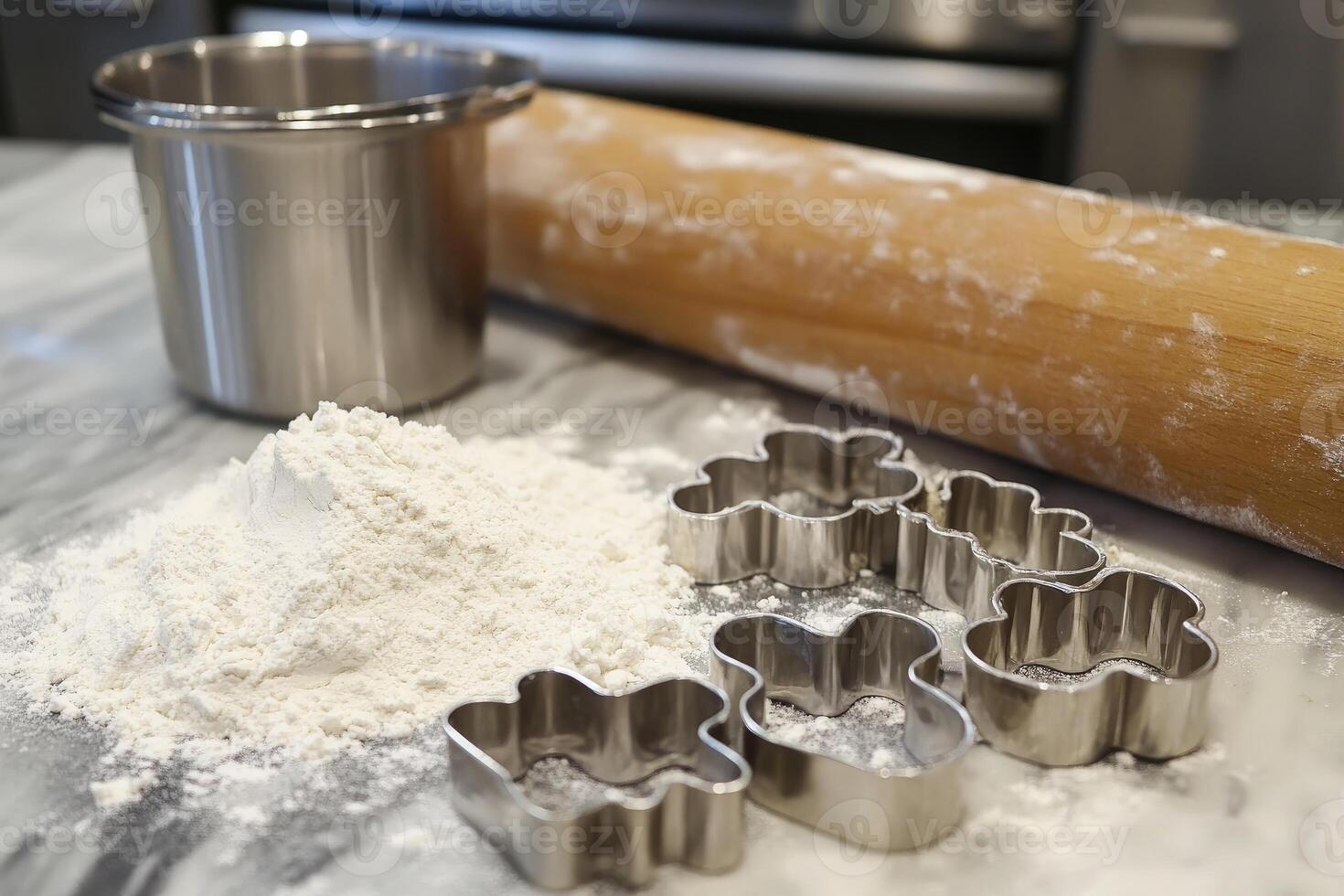 Flour, rolling pin, cookie cutters and mixing bowl preparing baking ingredients photo