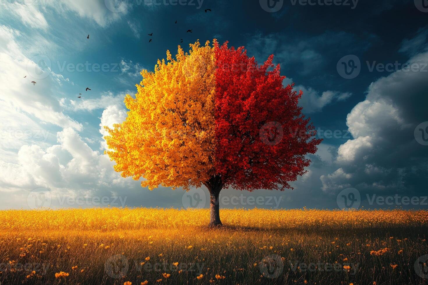 Lonely tree showing autumn colors in a mown field under blue sky photo