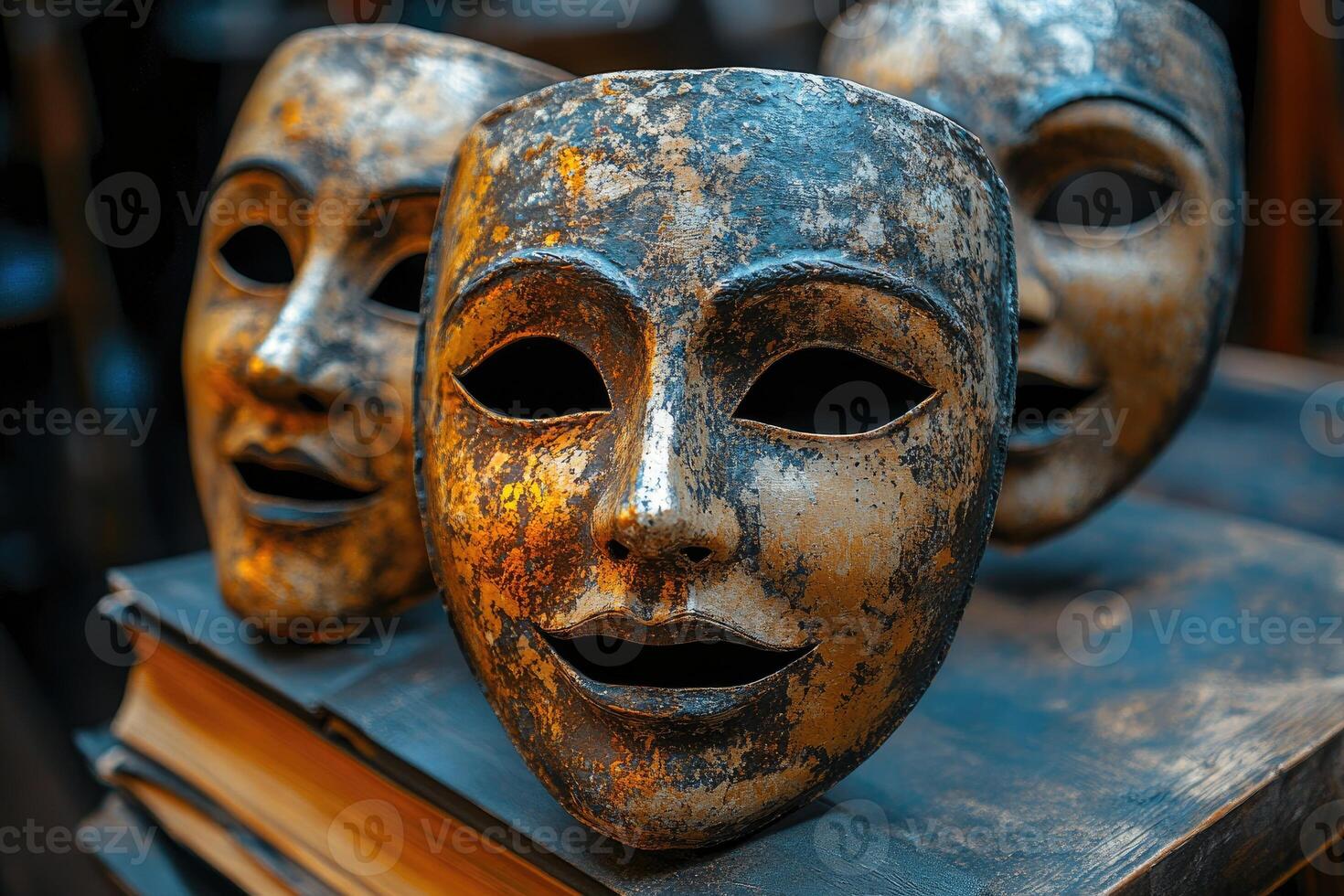 Ancient metallic masks representing dramatic arts resting on books photo