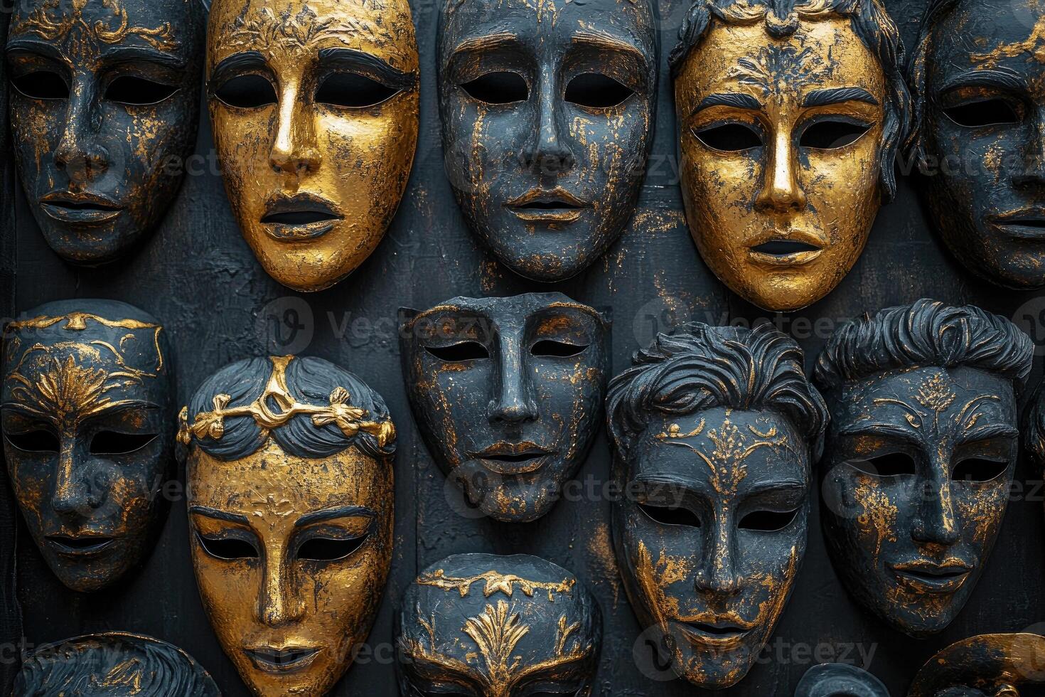 Venetian masks hanging on black wall, showing mystery and elegance photo
