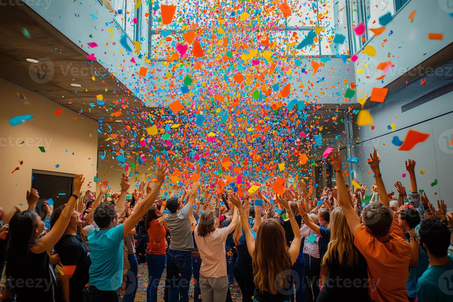 Celebrating business success with colorful confetti shower and raised hands photo