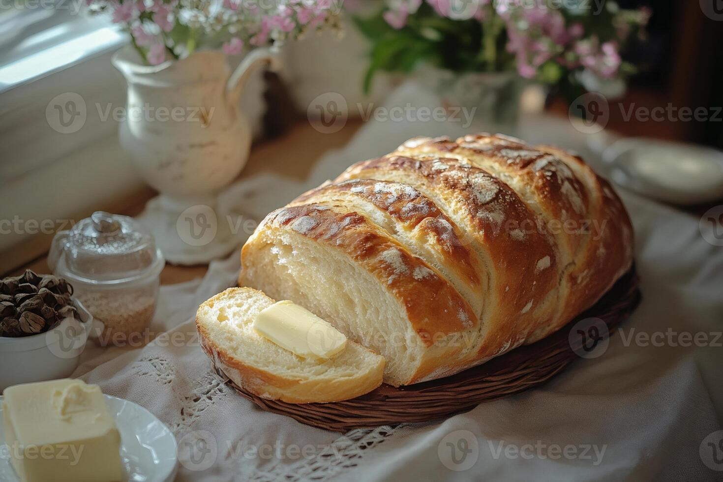 Loaf of homemade bread with butter on rustic table setting photo