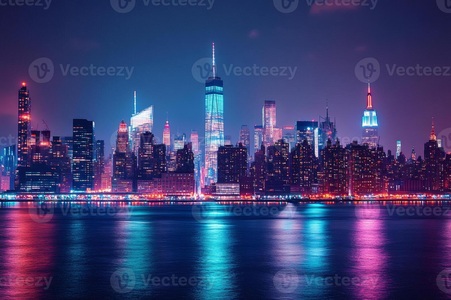 New york city skyline reflecting at night with vibrant colors photo