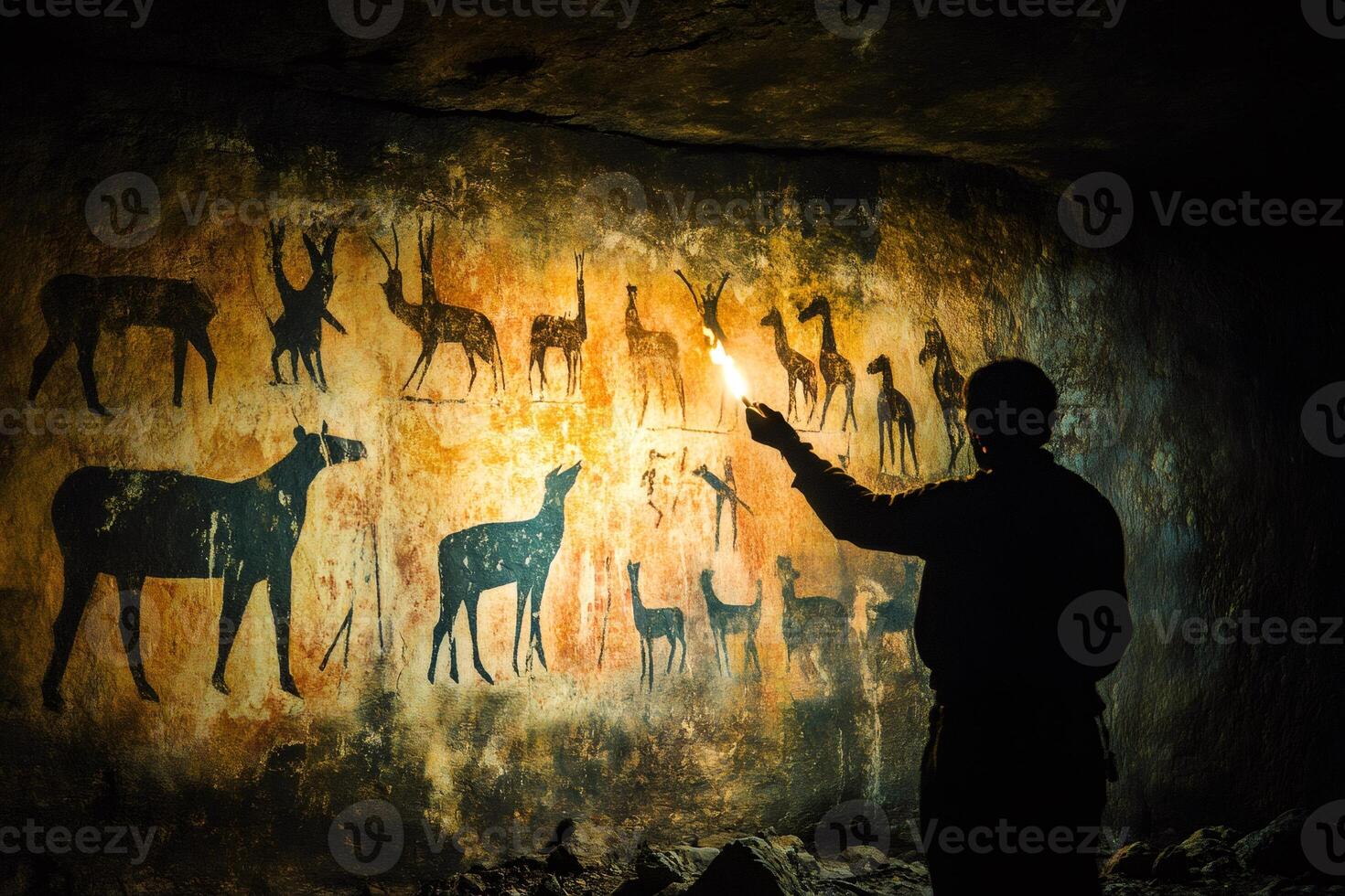 Archaeologist exploring ancient cave paintings with torchlight photo
