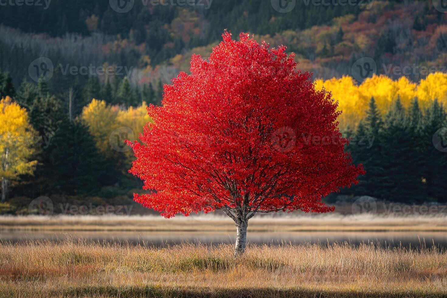 Red maple tree standing in autumn field with colorful forest in background photo