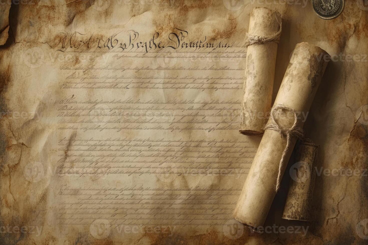 Old paper scrolls resting on antique handwritten document photo