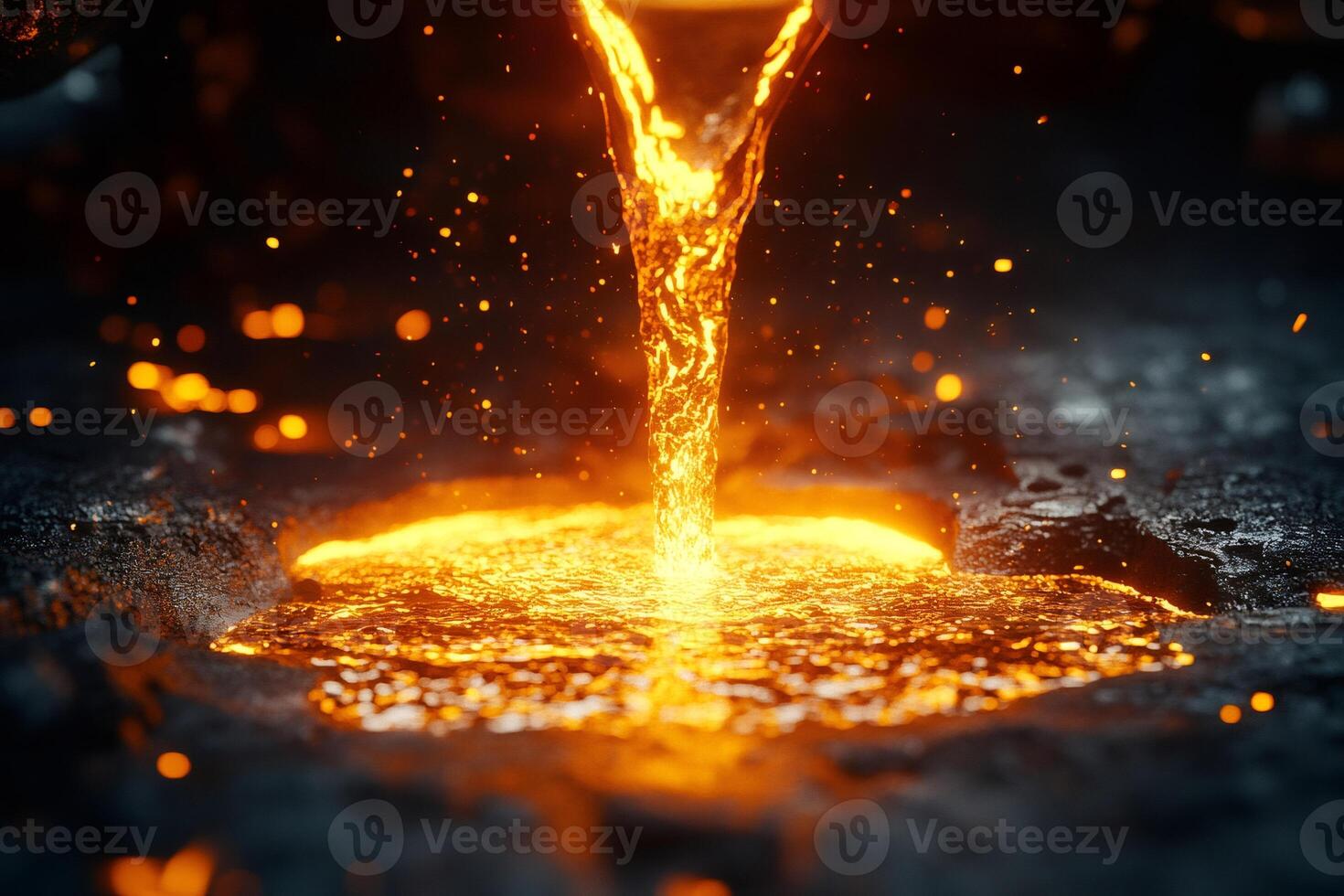 Liquid gold pouring into molten metal, creating sparks and splashes photo