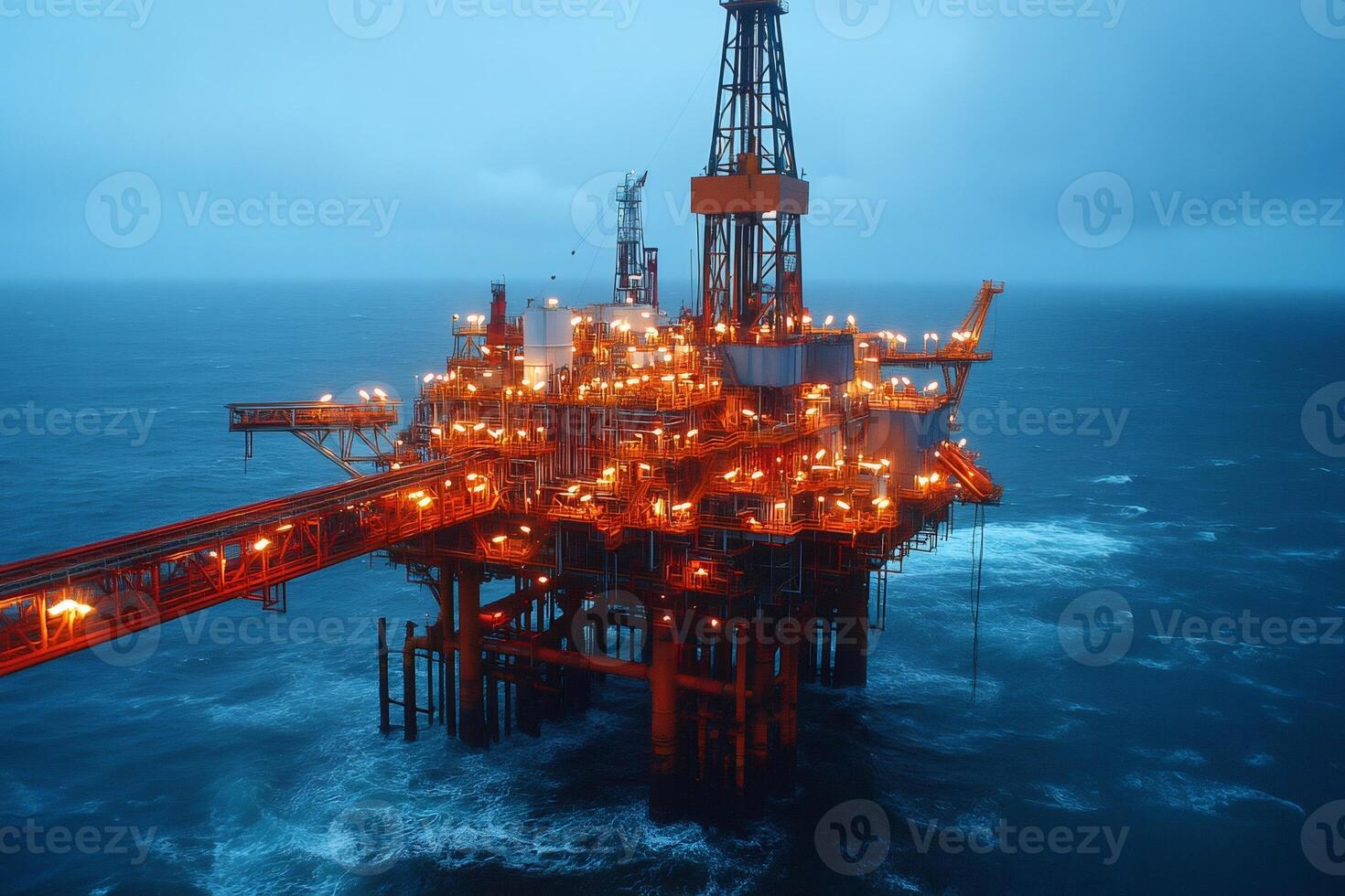 Offshore oil rig extracting petroleum at dusk in rough sea photo